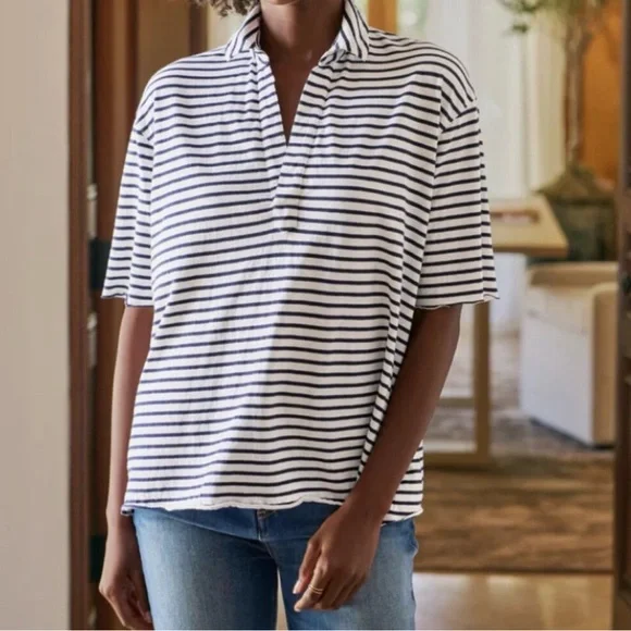 Frank & Eileen Patty Popover short-sleeve Henley white & navy striped XL - Picture 2 of 8